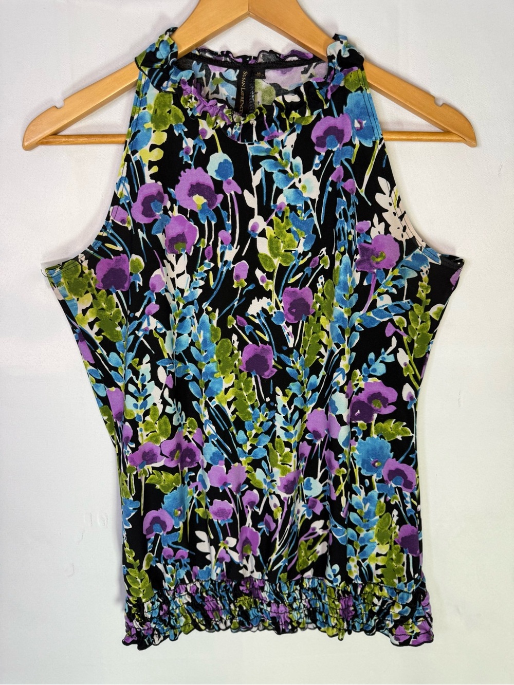 Susan Lawrence Sleeveless Floral Halter Top with Smocked Hem Size M